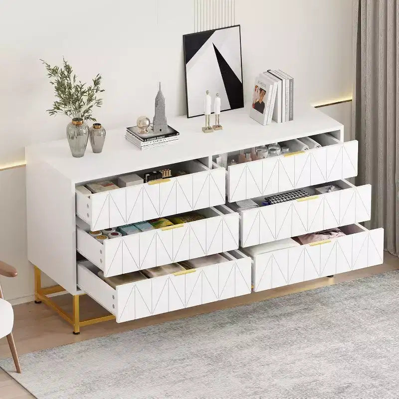 6 Drawer Dresser with Wide Storage, Wood Dresser Chest Organizer with Metal Legs, Dressers & Chests of Drawers for Bedroom, Living Room, Hallway