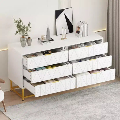 6 Drawer Dresser with Wide Storage, Wood Dresser Chest Organizer with Metal Legs, Dressers & Chests of Drawers for Bedroom, Living Room, Hallway