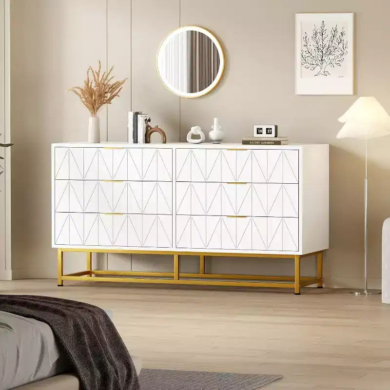 6 Drawer Dresser with Wide Storage, Wood Dresser Chest Organizer with Metal Legs, Dressers & Chests of Drawers for Bedroom, Living Room, Hallway