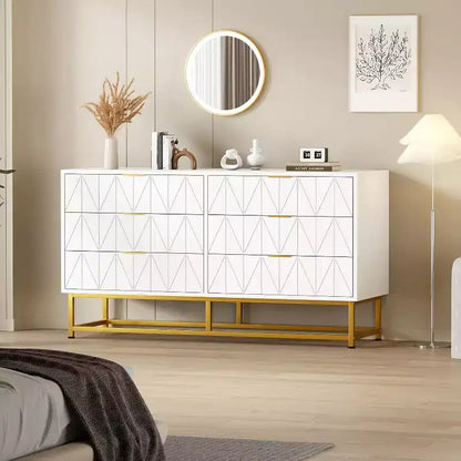 6 Drawer Dresser with Wide Storage, Wood Dresser Chest Organizer with Metal Legs, Dressers & Chests of Drawers for Bedroom, Living Room, Hallway