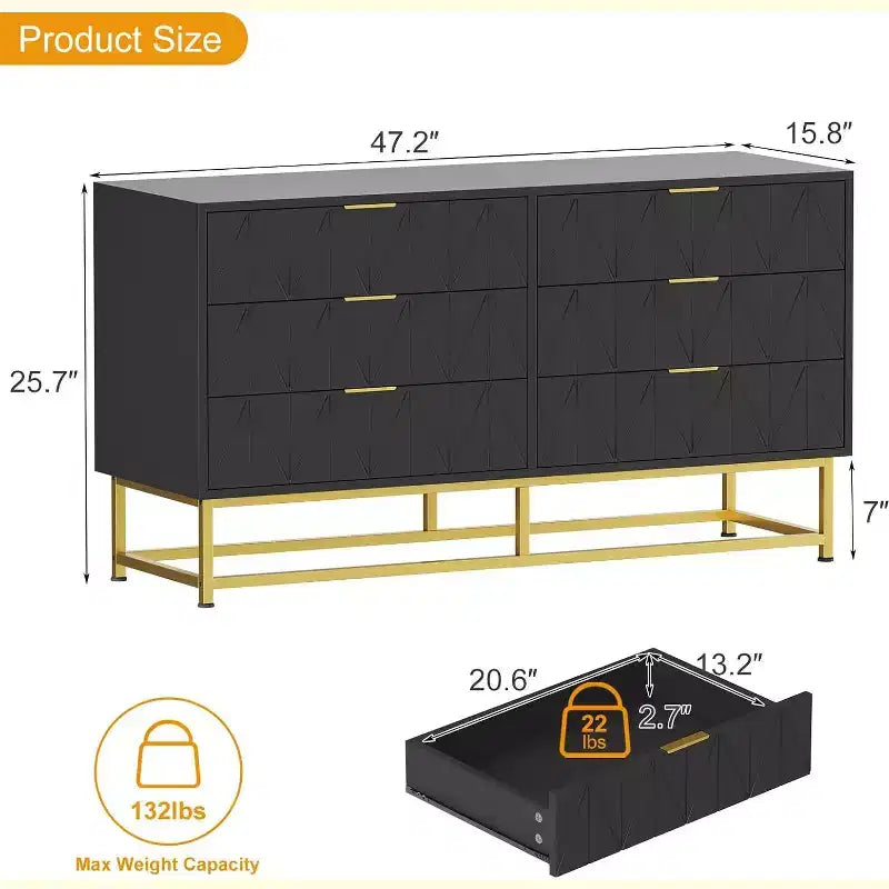 6 Drawer Dresser with Wide Storage, Wood Dresser Chest Organizer with Metal Legs, Dressers & Chests of Drawers for Bedroom, Living Room, Hallway