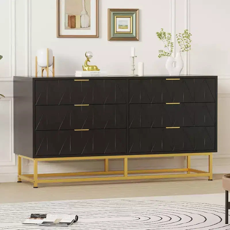 6 Drawer Dresser with Wide Storage, Wood Dresser Chest Organizer with Metal Legs, Dressers & Chests of Drawers for Bedroom, Living Room, Hallway