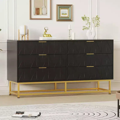 6 Drawer Dresser with Wide Storage, Wood Dresser Chest Organizer with Metal Legs, Dressers & Chests of Drawers for Bedroom, Living Room, Hallway