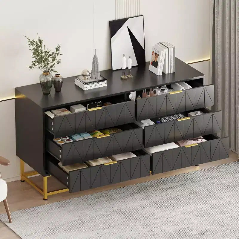 6 Drawer Dresser with Wide Storage, Wood Dresser Chest Organizer with Metal Legs, Dressers & Chests of Drawers for Bedroom, Living Room, Hallway