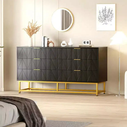 6 Drawer Dresser with Wide Storage, Wood Dresser Chest Organizer with Metal Legs, Dressers & Chests of Drawers for Bedroom, Living Room, Hallway