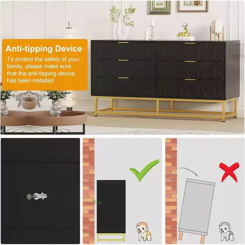 6 Drawer Dresser with Wide Storage, Wood Dresser Chest Organizer with Metal Legs, Dressers & Chests of Drawers for Bedroom, Living Room, Hallway