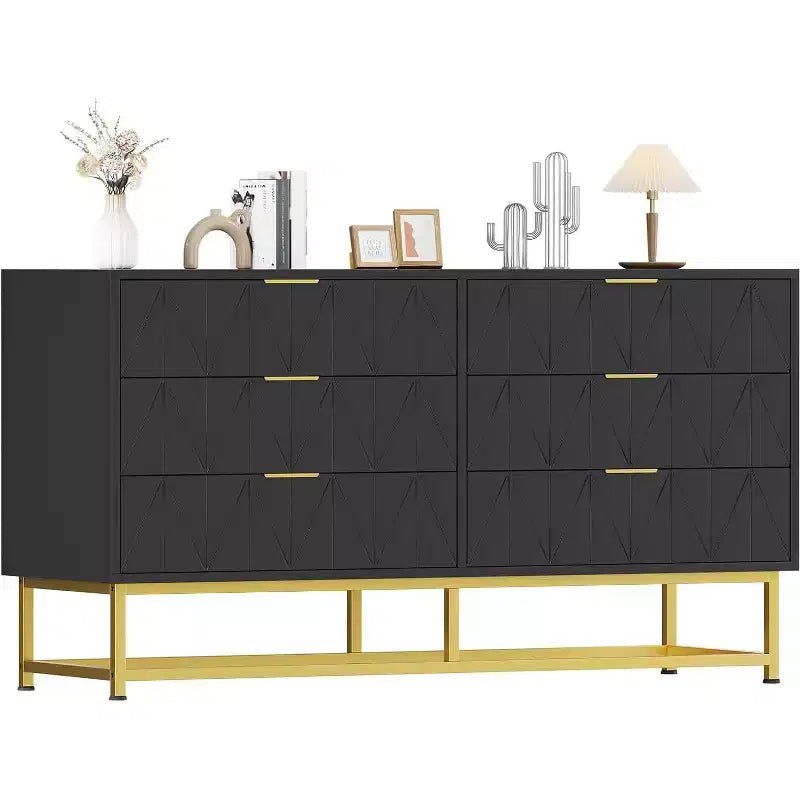 6 Drawer Dresser with Wide Storage, Wood Dresser Chest Organizer with Metal Legs, Dressers & Chests of Drawers for Bedroom, Living Room, Hallway