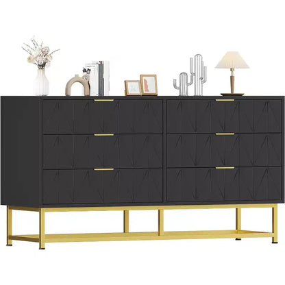 6 Drawer Dresser with Wide Storage, Wood Dresser Chest Organizer with Metal Legs, Dressers & Chests of Drawers for Bedroom, Living Room, Hallway