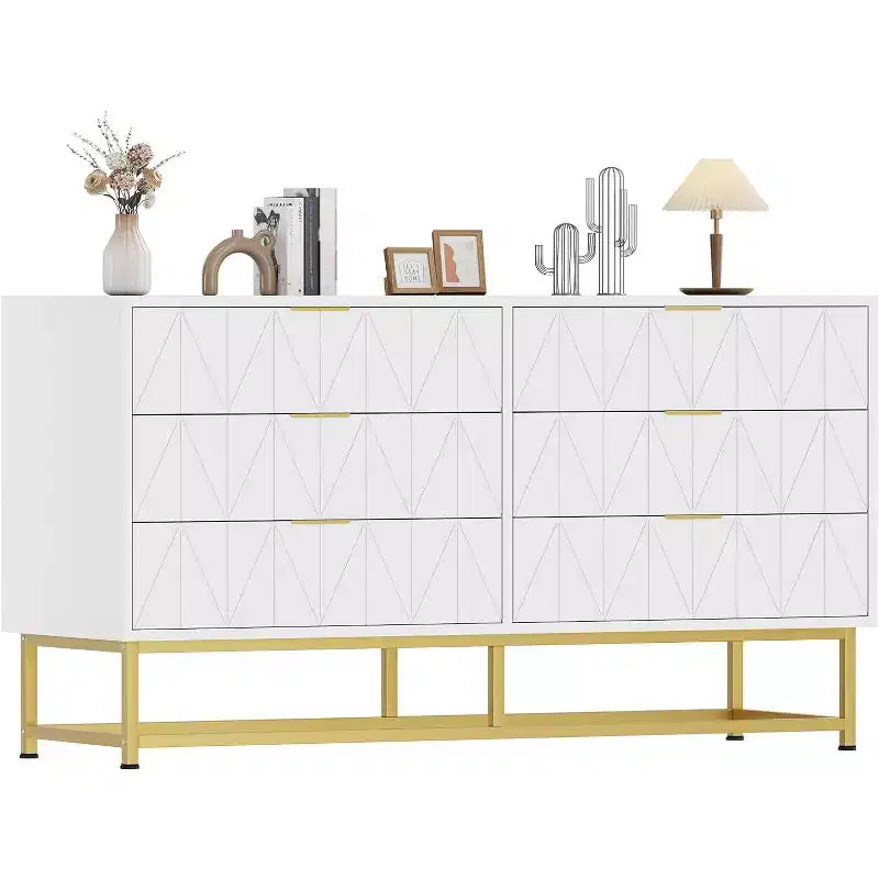 6 Drawer Dresser with Wide Storage, Wood Dresser Chest Organizer with Metal Legs, Dressers & Chests of Drawers for Bedroom, Living Room, Hallway