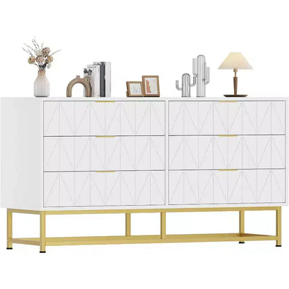 6 Drawer Dresser with Wide Storage, Wood Dresser Chest Organizer with Metal Legs, Dressers & Chests of Drawers for Bedroom, Living Room, Hallway