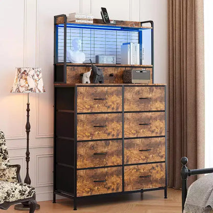 11-Drawer Industrial Dresser for Bedroom, Fabric Storage Organizer Chest of Drawers for Bedroom Living Room Hallway Entryway
