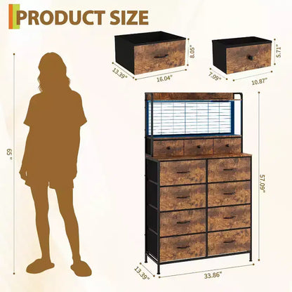 11-Drawer Industrial Dresser for Bedroom, Fabric Storage Organizer Chest of Drawers for Bedroom Living Room Hallway Entryway