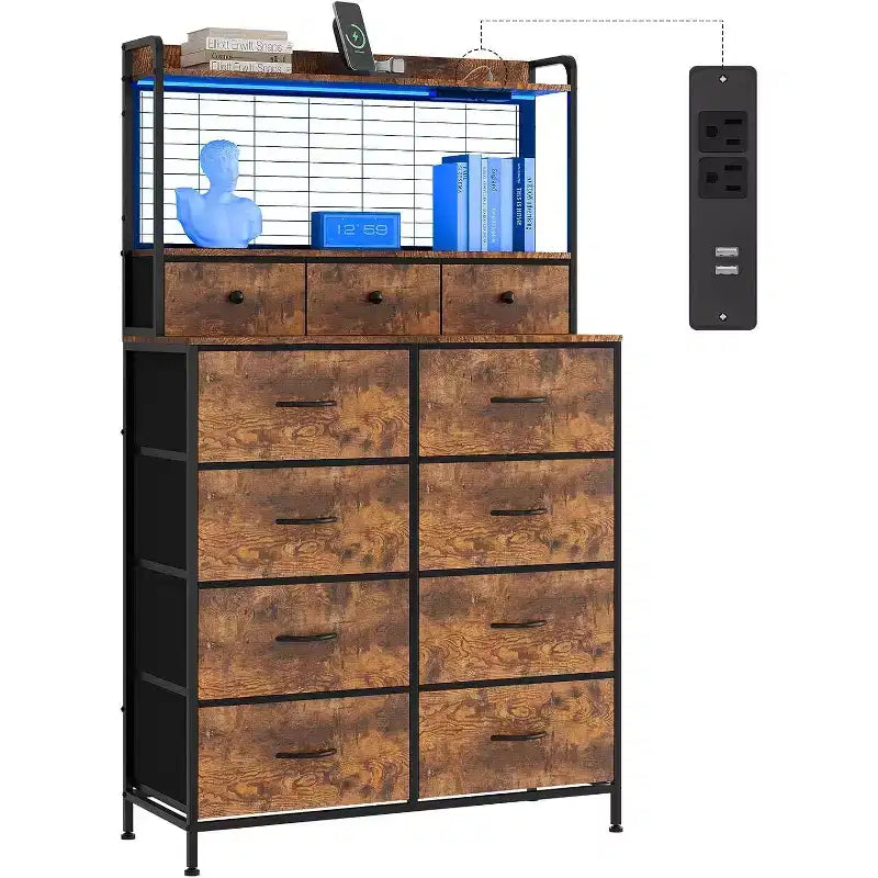 11-Drawer Industrial Dresser for Bedroom, Fabric Storage Organizer Chest of Drawers for Bedroom Living Room Hallway Entryway