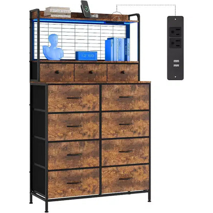 11-Drawer Industrial Dresser for Bedroom, Fabric Storage Organizer Chest of Drawers for Bedroom Living Room Hallway Entryway