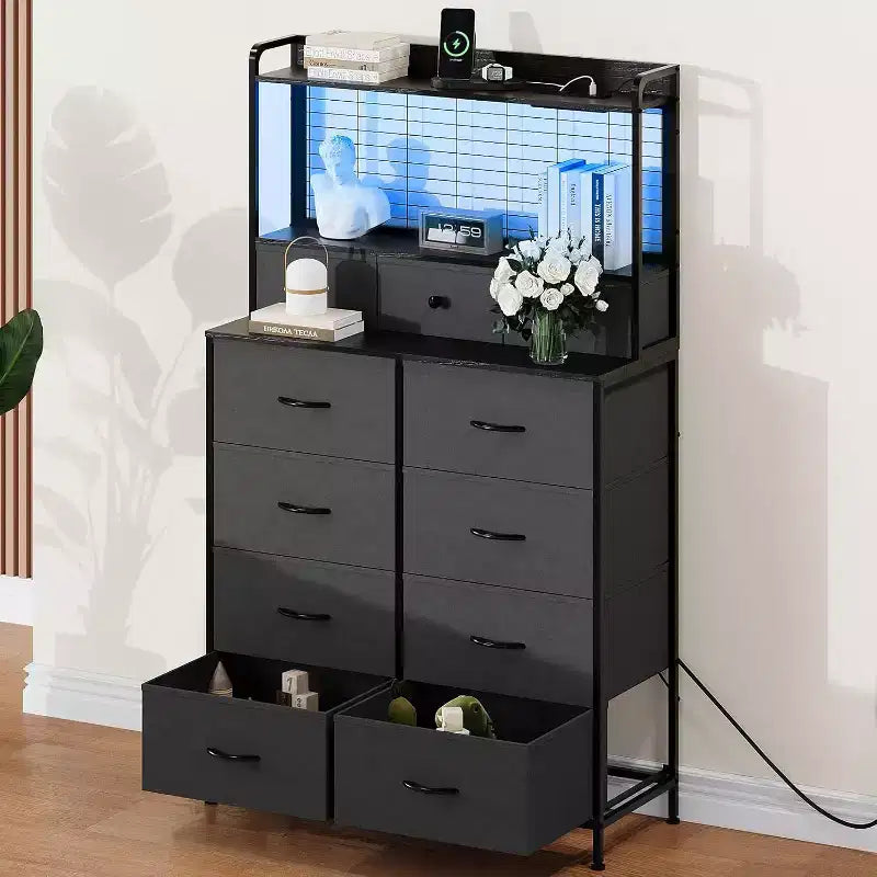11-Drawer Industrial Dresser for Bedroom, Fabric Storage Organizer Chest of Drawers for Bedroom Living Room Hallway Entryway