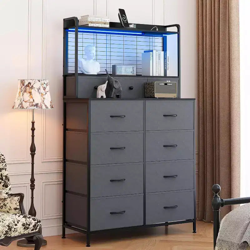 11-Drawer Industrial Dresser for Bedroom, Fabric Storage Organizer Chest of Drawers for Bedroom Living Room Hallway Entryway