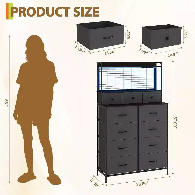 11-Drawer Industrial Dresser for Bedroom, Fabric Storage Organizer Chest of Drawers for Bedroom Living Room Hallway Entryway