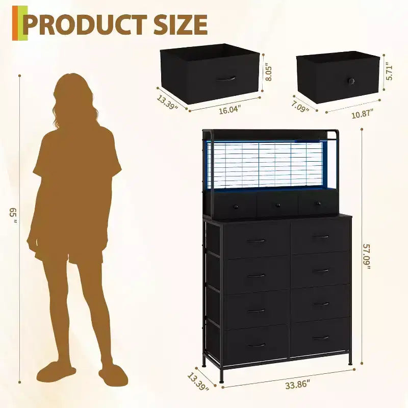 11-Drawer Industrial Dresser for Bedroom, Fabric Storage Organizer Chest of Drawers for Bedroom Living Room Hallway Entryway