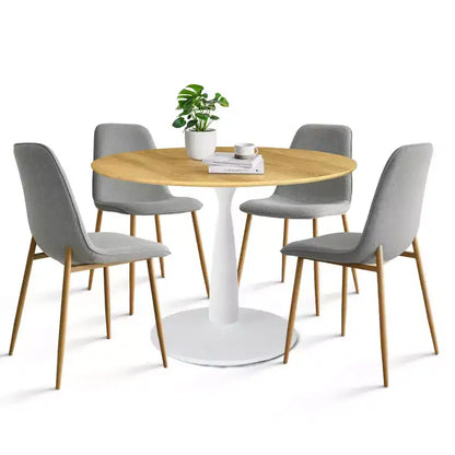 5-Piece Round Dining Set, 37 Pedestal Table with Wood-Look Top and Upholstered Curved Chairs, Modern Style-Panipeachy