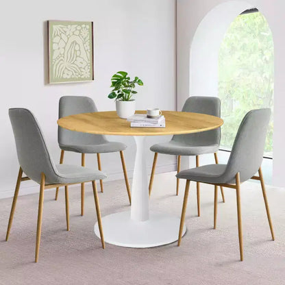 5-Piece Round Dining Set, 37 Pedestal Table with Wood-Look Top and Upholstered Curved Chairs, Modern Style-Panipeachy