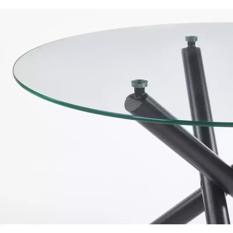 Black Dining Table with Metal Leg and Glass Top, 110x110x75cm, Modern Space-Saving Design for Kitchen or Living Room