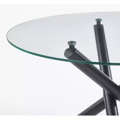 Black Dining Table with Metal Leg and Glass Top, 110x110x75cm, Modern Space-Saving Design for Kitchen or Living Room