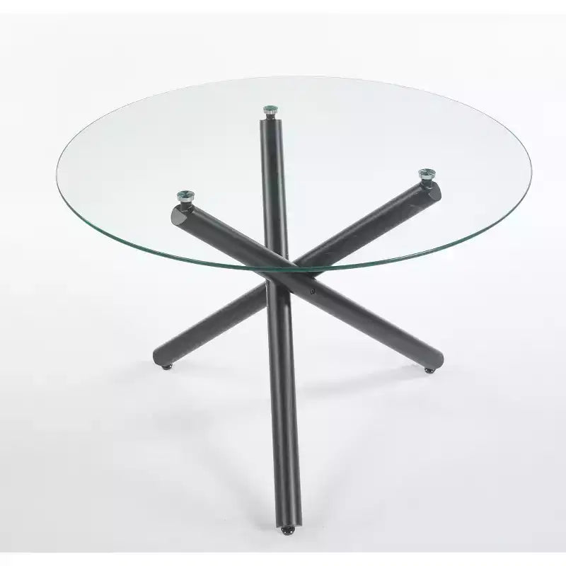 Tavolo da Pranzo Nero con Gambe in Metallo e Piano in Vetro, 110x110x75cm, Design Moderno Salvaspazio per Cucina o Soggiorno