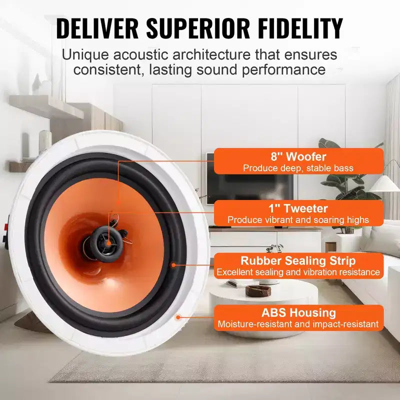 VEVOR 4 altoparlanti da soffitto da 8 pollici, 100 watt, sistema di altoparlanti da soffitto e a parete a incasso con impedenza di 8 e sensibilità di 89 dB, colore bianco