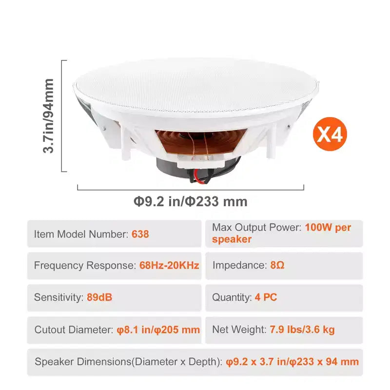 VEVOR 4 altoparlanti da soffitto da 8 pollici, 100 watt, sistema di altoparlanti da soffitto e a parete a incasso con impedenza di 8 e sensibilità di 89 dB, colore bianco