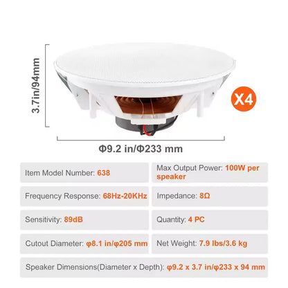 VEVOR 4 altoparlanti da soffitto da 8 pollici, 100 watt, sistema di altoparlanti da soffitto e a parete a incasso con impedenza di 8 e sensibilità di 89 dB, colore bianco