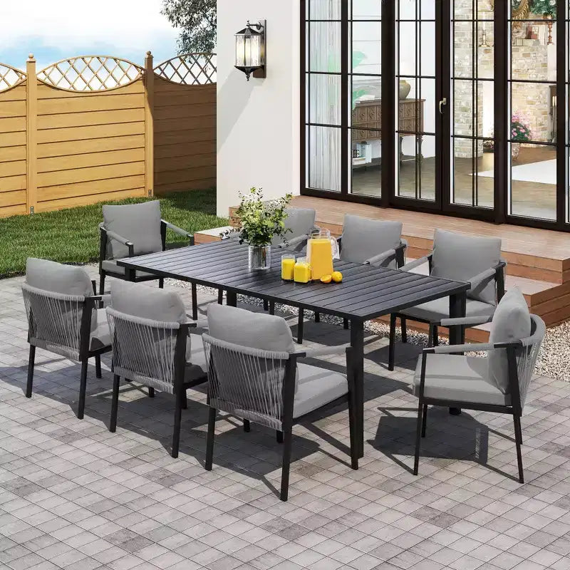 HAPPATIO Set da pranzo per patio, set da pranzo da esterno in corda intrecciata e rattan, sedie in corda di vimini intrecciato con cuscini per giardino