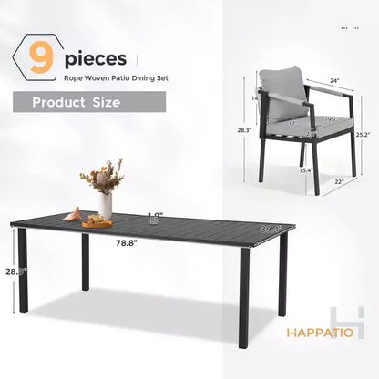 HAPPATIO Set da pranzo per patio, set da pranzo da esterno in corda intrecciata e rattan, sedie in corda di vimini intrecciato con cuscini per giardino