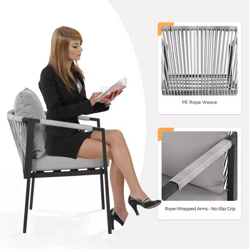 HAPPATIO Set da pranzo per patio, set da pranzo da esterno in corda intrecciata e rattan, sedie in corda di vimini intrecciato con cuscini per giardino