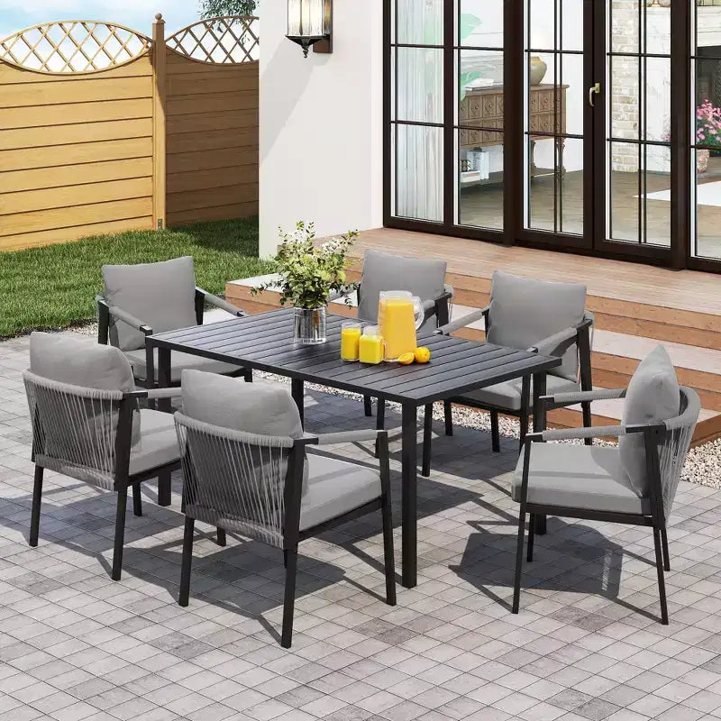 HAPPATIO Set da pranzo per patio, set da pranzo da esterno in corda intrecciata e rattan, sedie in corda di vimini intrecciato con cuscini per giardino