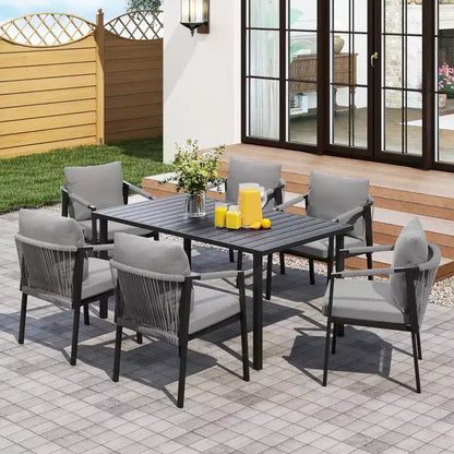 HAPPATIO Set da pranzo per patio, set da pranzo da esterno in corda intrecciata e rattan, sedie in corda di vimini intrecciato con cuscini per giardino