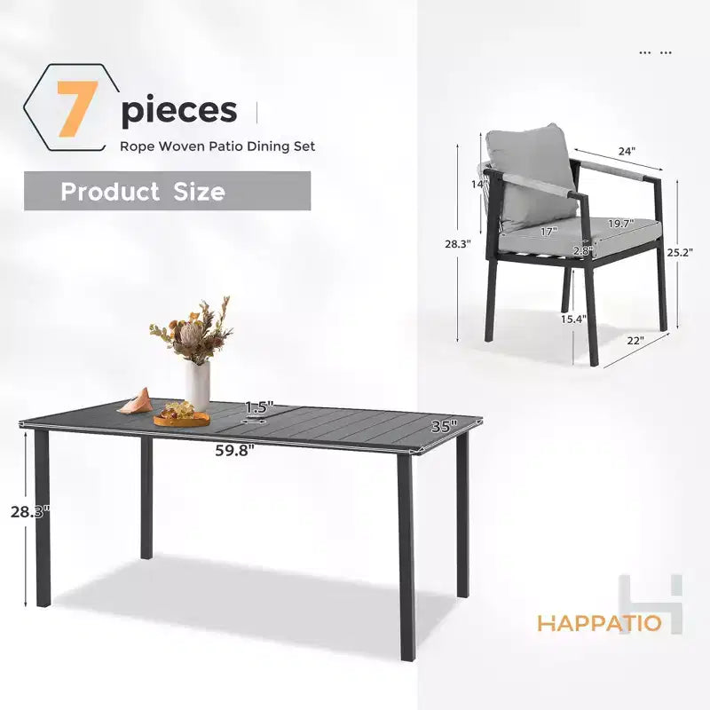 HAPPATIO Set da pranzo per patio, set da pranzo da esterno in corda intrecciata e rattan, sedie in corda di vimini intrecciato con cuscini per giardino