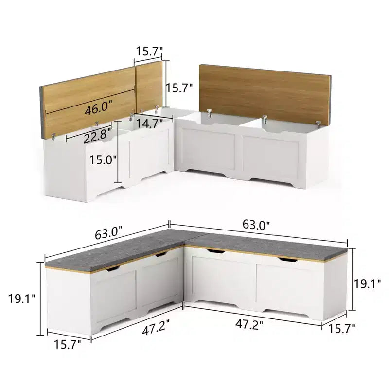 L Shaped Corner Bench with Storage, Kitchen Breakfast Nook Bench with Removable Cushion, Wooden Backless Bench for Dining Room, Entryway