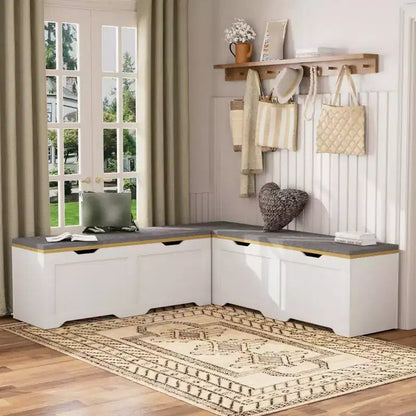 L Shaped Corner Bench with Storage, Kitchen Breakfast Nook Bench with Removable Cushion, Wooden Backless Bench for Dining Room, Entryway