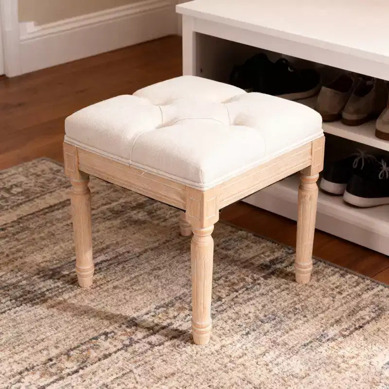 Small Padded Bench, Square Upholstered Rustic Ottoman Bench, Vanity Stools for Bedroom, Beige