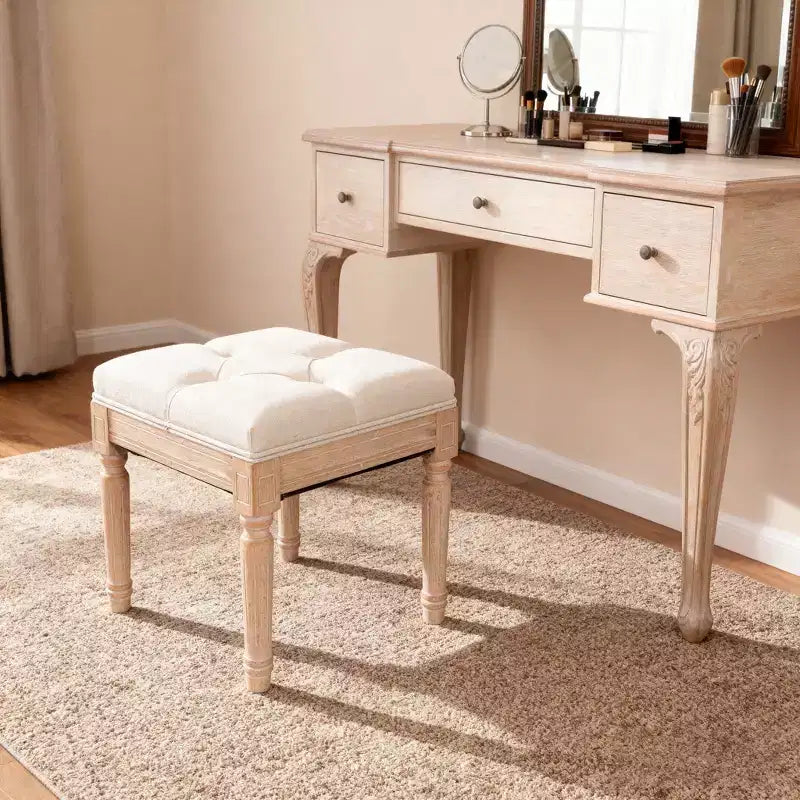 Small Padded Bench, Square Upholstered Rustic Ottoman Bench, Vanity Stools for Bedroom, Beige