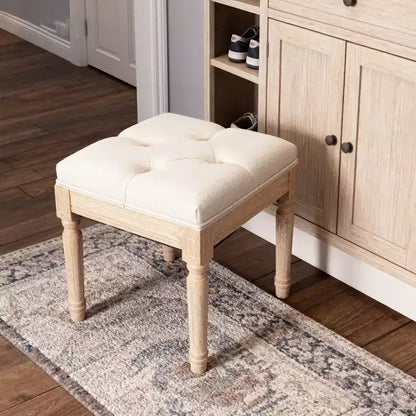 Small Padded Bench, Square Upholstered Rustic Ottoman Bench, Vanity Stools for Bedroom, Beige
