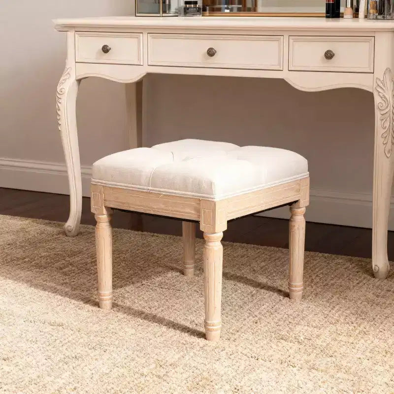 Small Padded Bench, Square Upholstered Rustic Ottoman Bench, Vanity Stools for Bedroom, Beige