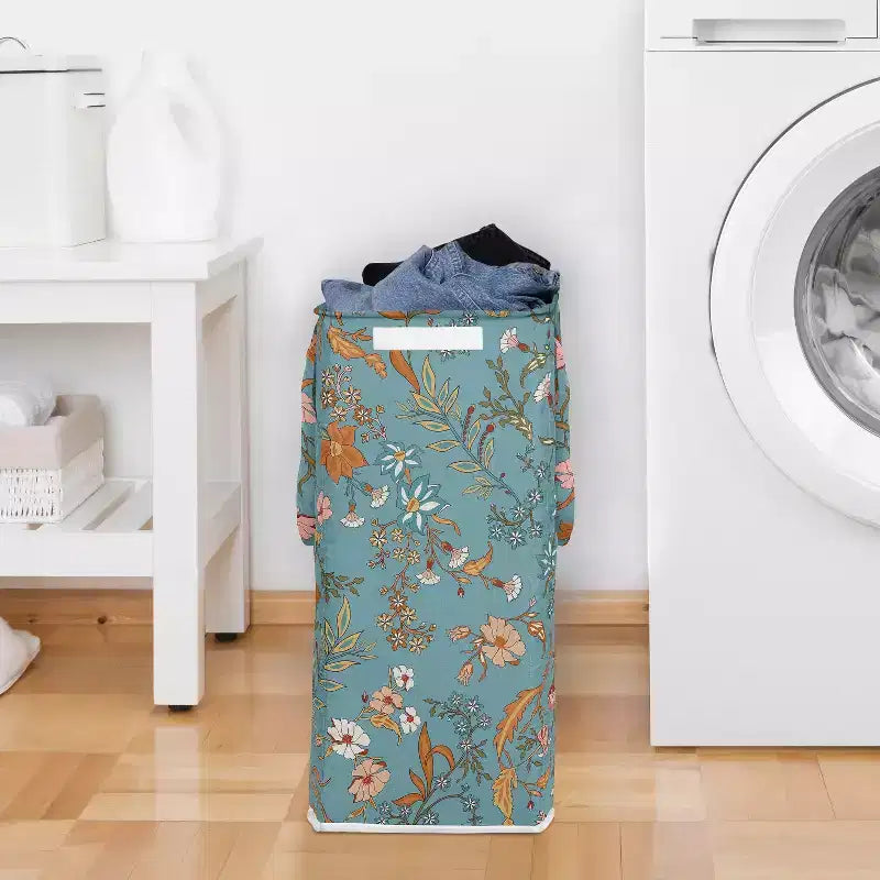 Sweet Jojo Designs Girl Foldable Laundry Hamper with Handles Boho Floral Wildflower Blue Orange and Pink