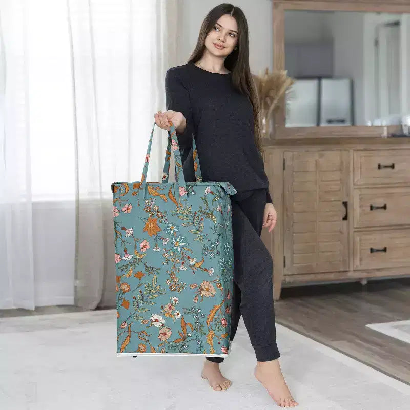 Sweet Jojo Designs Girl Foldable Laundry Hamper with Handles Boho Floral Wildflower Blue Orange and Pink
