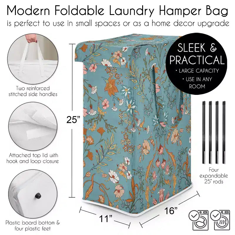 Sweet Jojo Designs Girl Foldable Laundry Hamper with Handles Boho Floral Wildflower Blue Orange and Pink