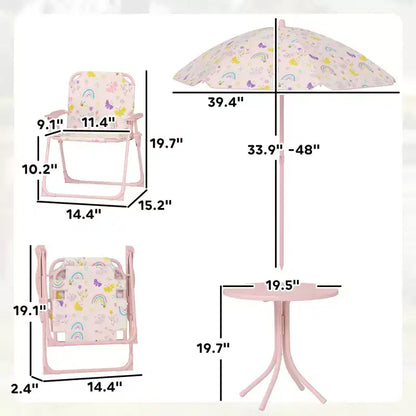 Set Tavolo e Sedie da Picnic per Bambini, Tavolo per Attività All'aperto con Sedie Pieghevoli, Ombrellone Rimovibile per Giardino