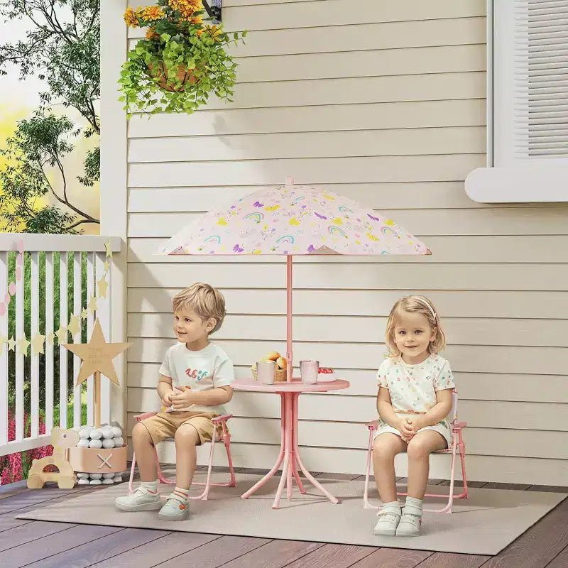 Set Tavolo e Sedie da Picnic per Bambini, Tavolo per Attività All'aperto con Sedie Pieghevoli, Ombrellone Rimovibile per Giardino