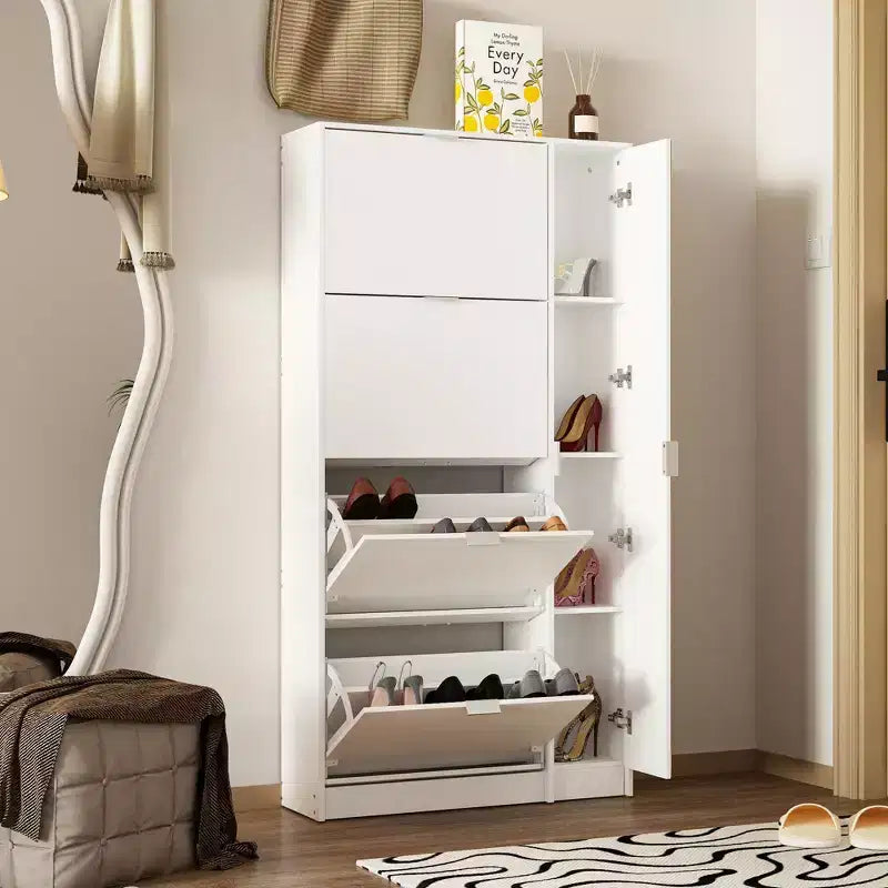 Famapy Shoe Cabinet with Full-Length Mirror,4 Flip-Drawer Shoe Rack with 4 Side Storage Shelves,Slim Entryway Shoe Organizer
