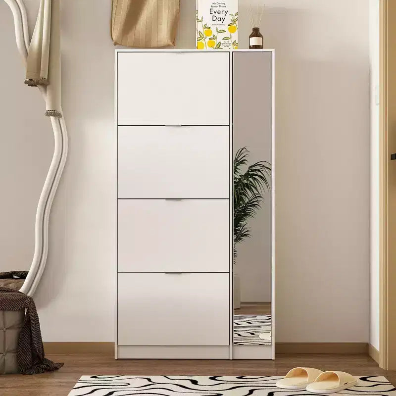 Scarpiera Famapy con Specchio a Figura Intera, Scarpiera a 4 Ante a Ribalta con 4 Ripiani Laterali, Organizer Scarpe Sottile per Ingresso