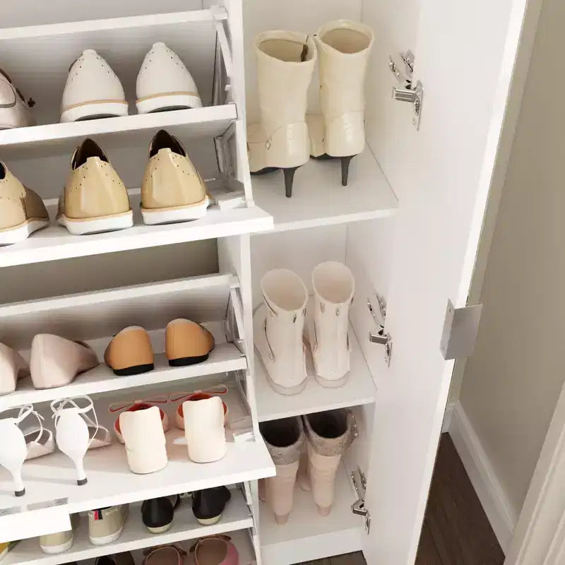 Scarpiera Famapy con Specchio a Figura Intera, Scarpiera a 4 Ante a Ribalta con 4 Ripiani Laterali, Organizer Scarpe Sottile per Ingresso